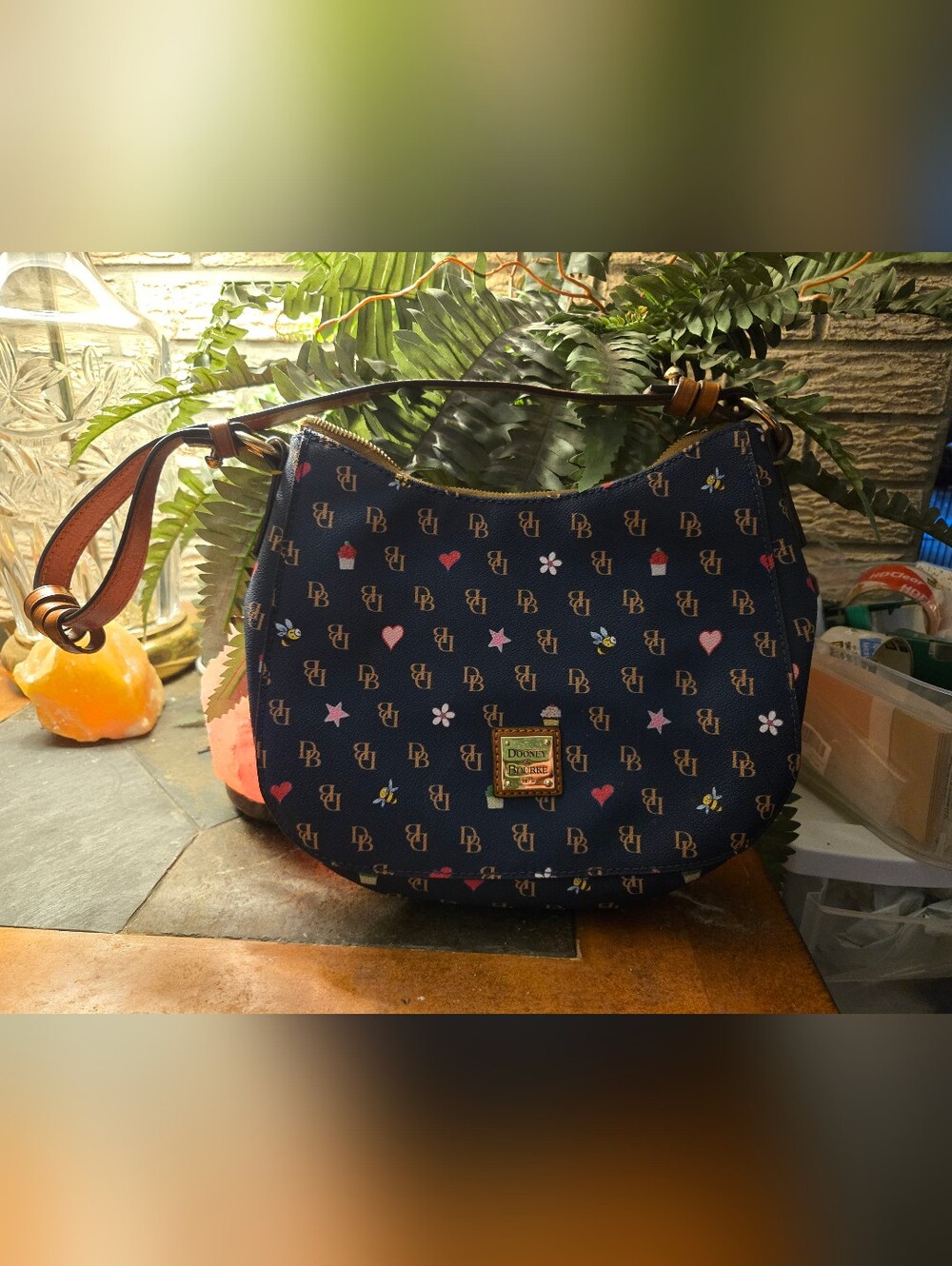 Dooney & Bourke Navy Signature Print Shoulder Bag with Brown Trim